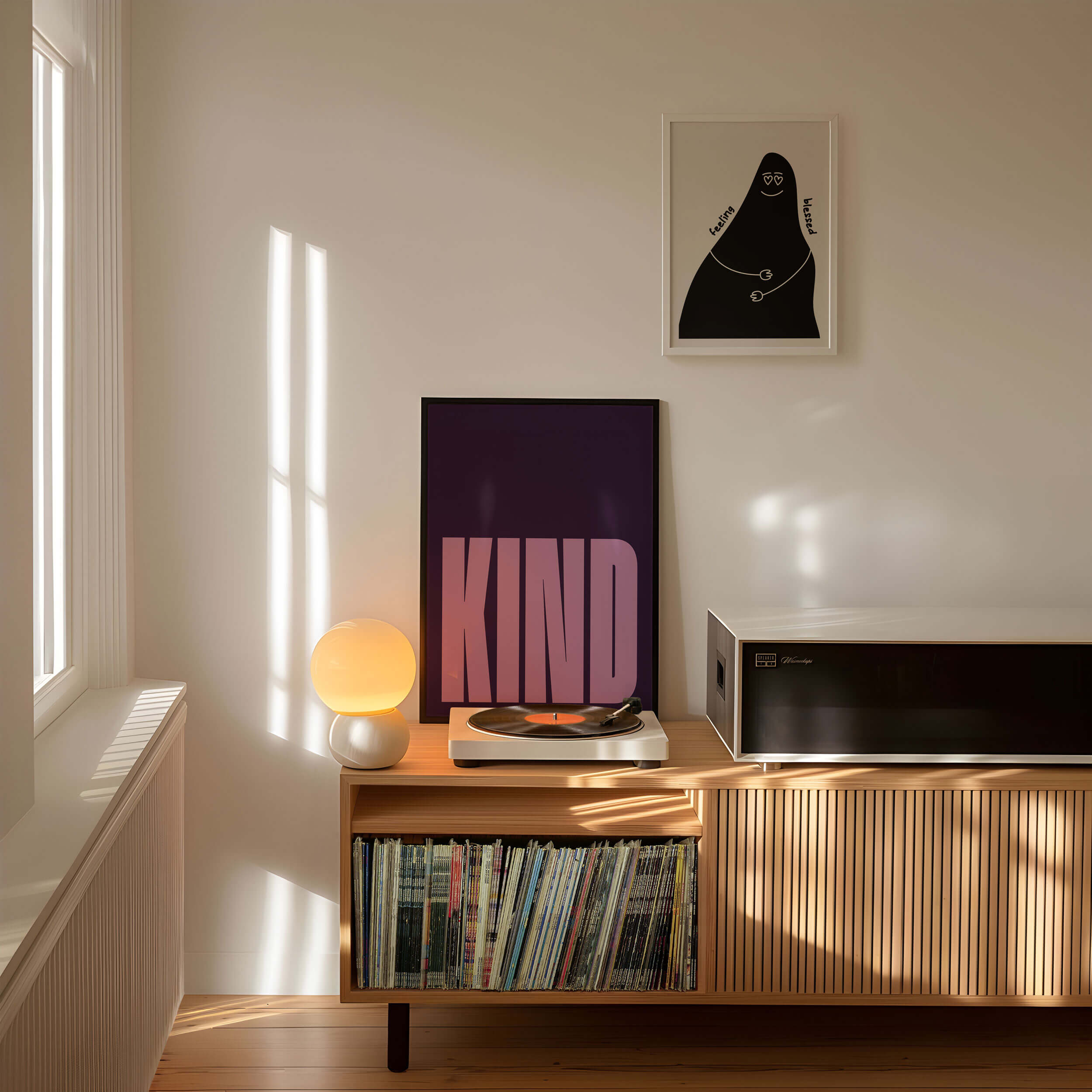 Multi-room wall art layout showing modern prints in living room, bedroom, and office